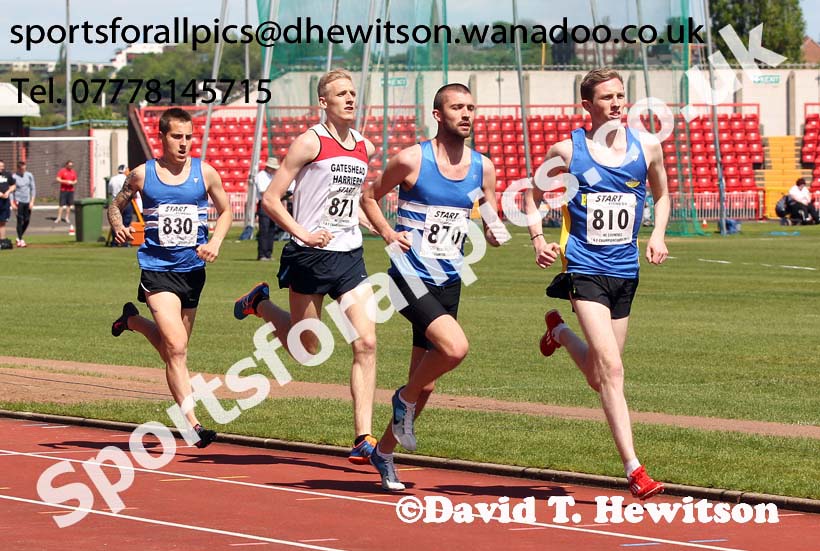 Senior mens 1500 metres, 810 Kieran Reay (Birtley), 870 Ryan Stephenson  (Morpeth), 871 Barry Maskell (Gateshead) and eventual winner Lewis Timmins (Morpeth), North Eastern Championships, Gateshead International Stadium.  Photos: David T. Hewitson/Sports for All Pics